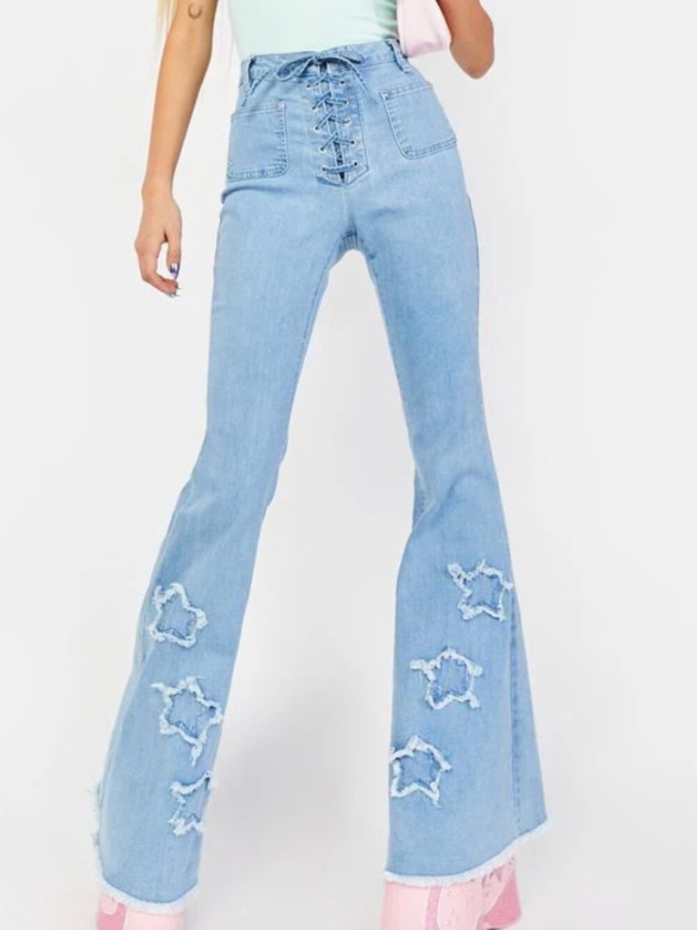 Dolls Kill x Winx Club Lace Up Stars Of Bliss Flare Jeans Size M